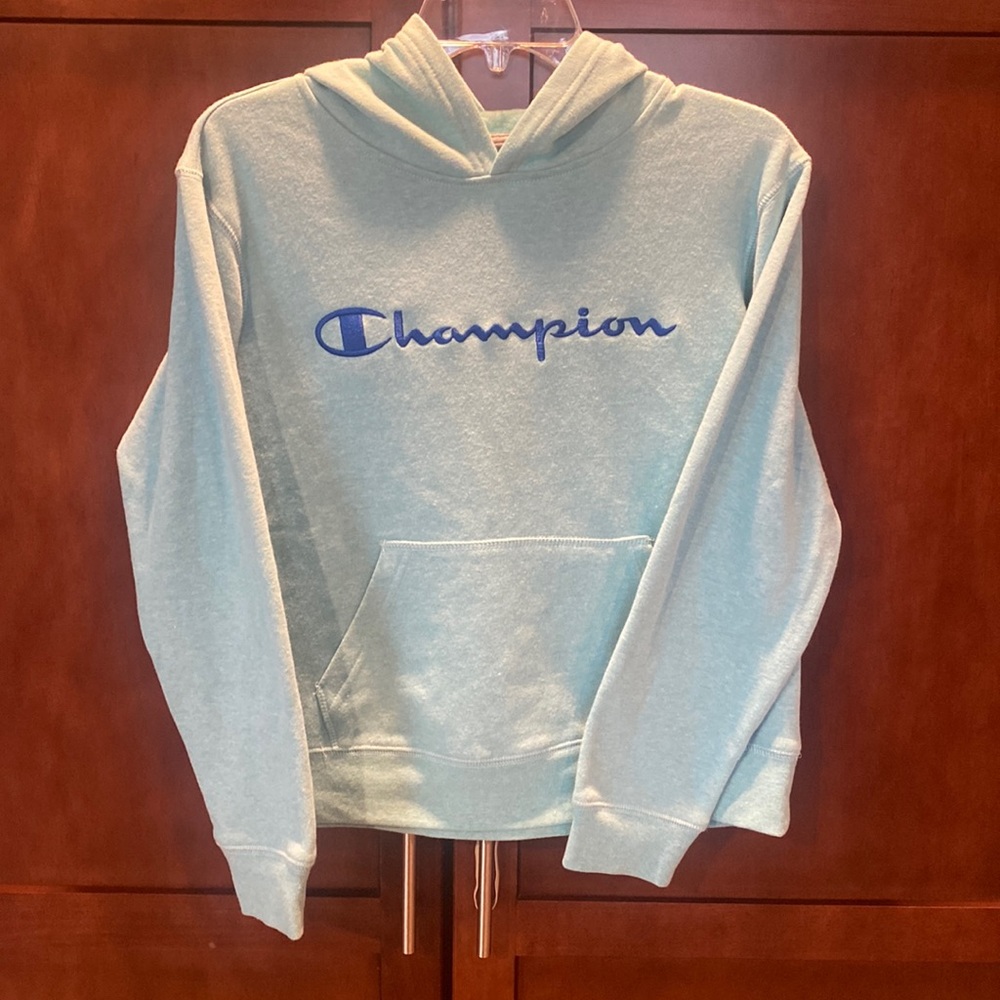 Women’s Champion large hooded sweatshirt green/blue color